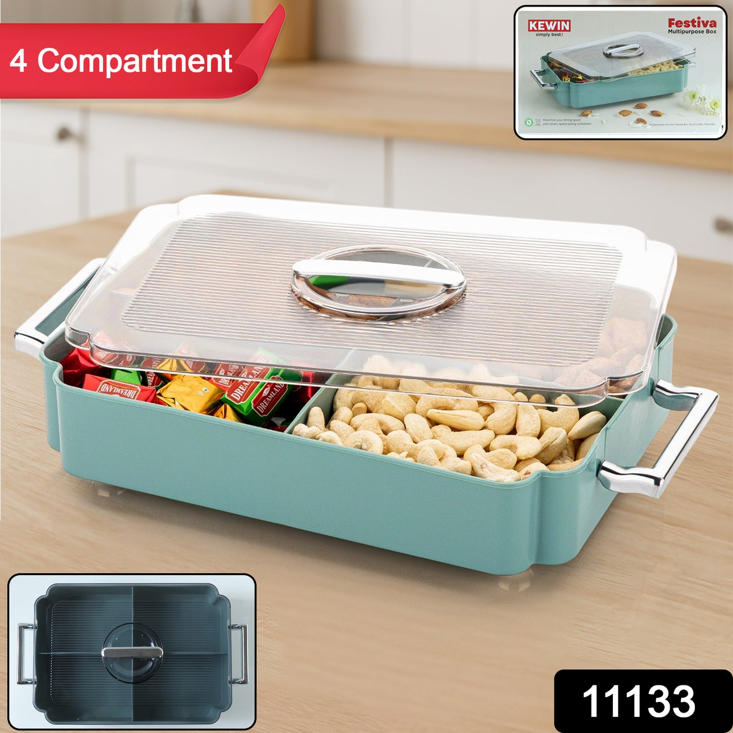Wukusy 4-compartment plastic food storage container with lid, ideal for meal prep and organization, lightweight and durable.