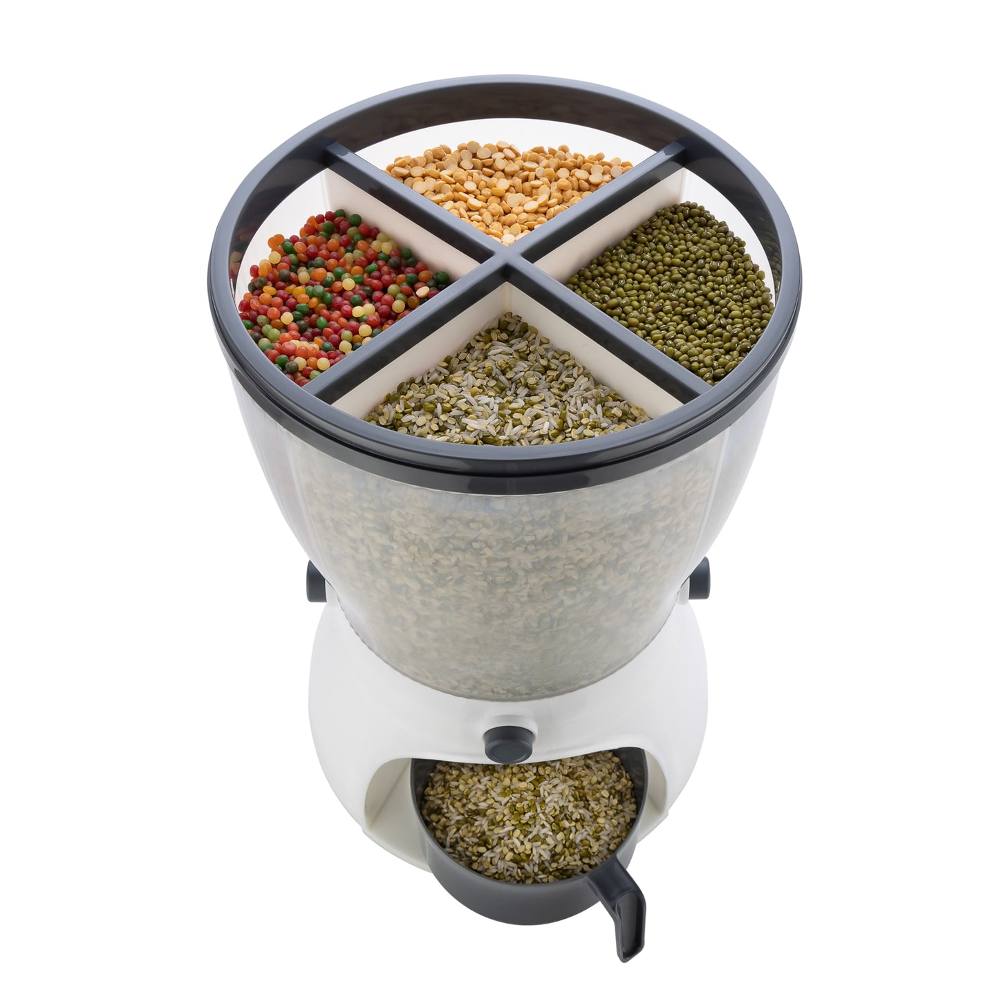 Wukusy 4-in-1 rice dispenser and grain storage container for kitchen use, featuring multiple compartments for cereal and grain storage.