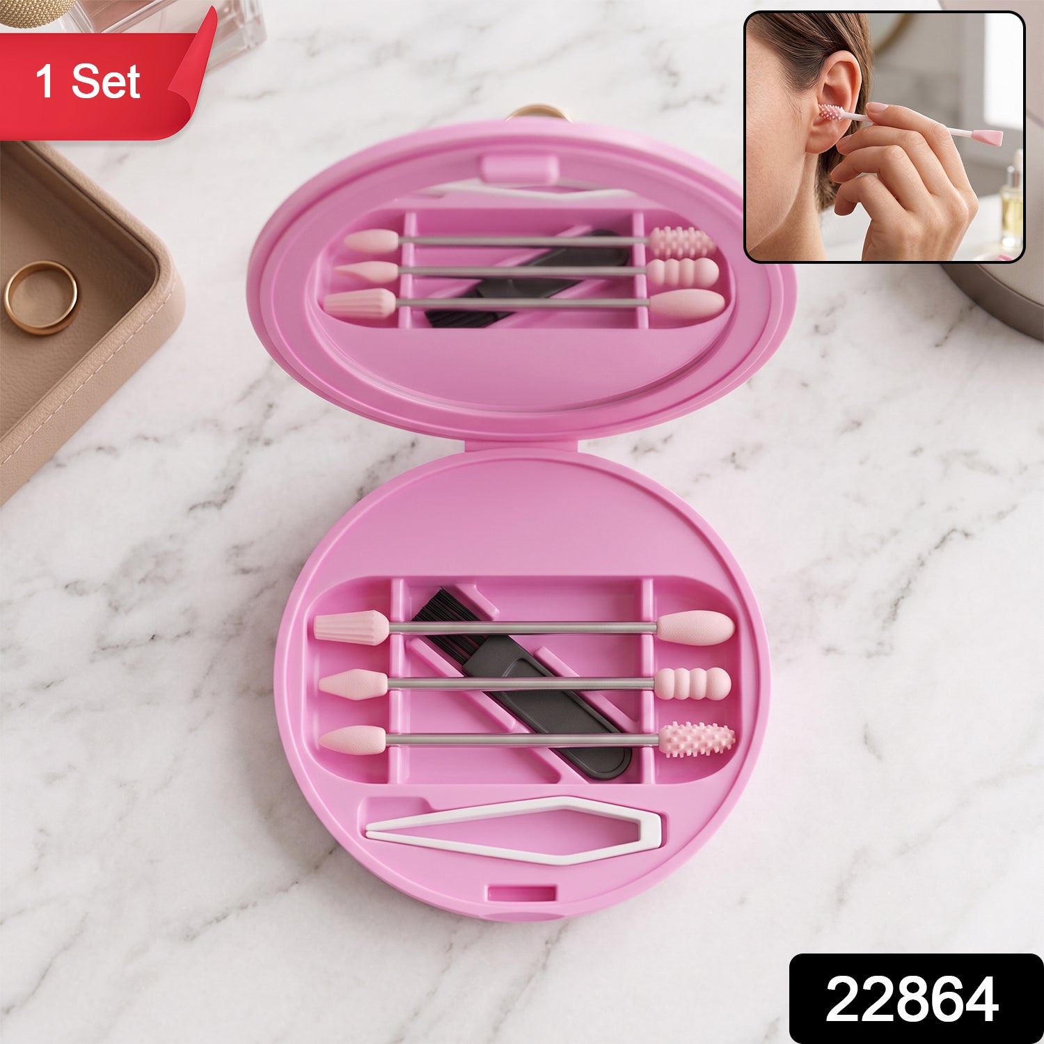 Wukusy reusable silicone cotton swab set with mirror case and washable ear buds, shown with compact storage case and swabs.