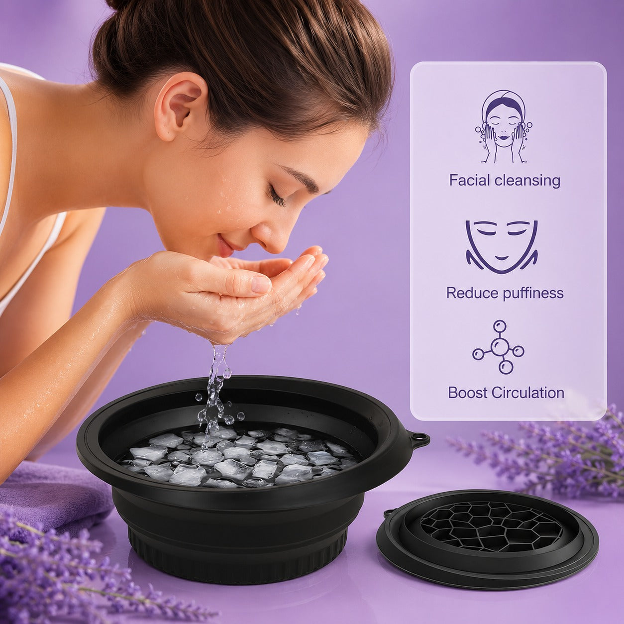 Wukusy collapsible ice bath bowl for facial ice therapy and skincare, flexible and portable design on white background.