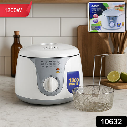 Wukusy Orbit Adjustable Electric Deep Fryer with 1200W power, featuring a stainless steel basket and digital temperature controls.