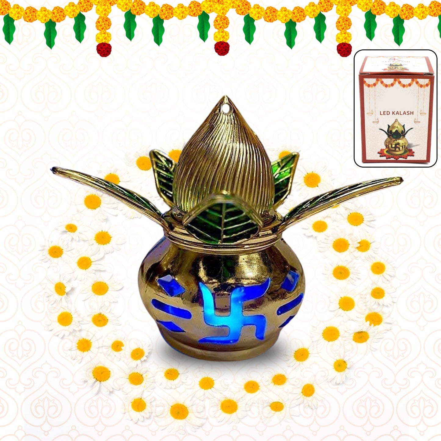Gold plated eco-friendly LED Kalash for Pooja Mandir with multicolor LED, decorative home improvement accessory by Wukusy.