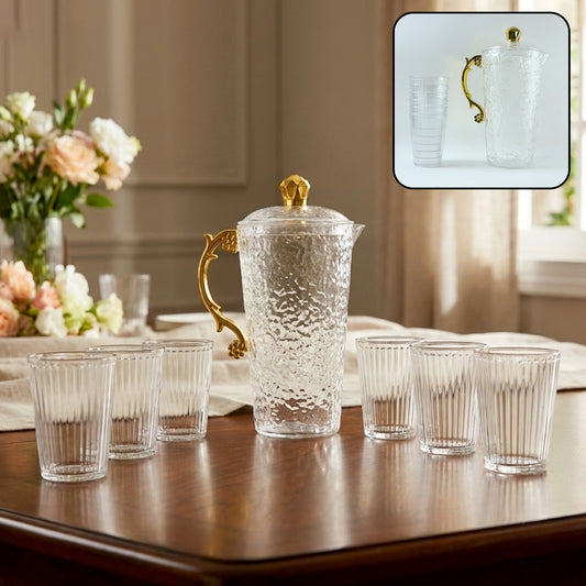 Elegant textured glass water jug with matching 6 glasses set by Wukusy, showcasing a stylish and functional drinkware collection.