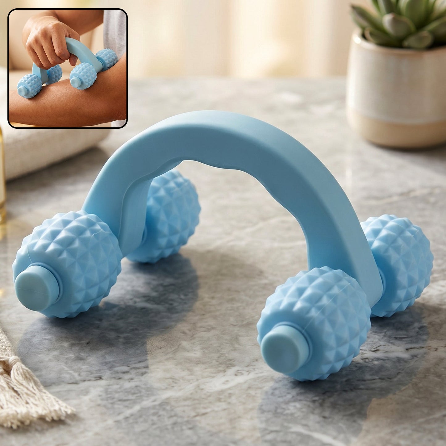 Wukusy handheld 4-roller body massager for muscle relaxation, shown with four rolling sections for arms, legs, and back.