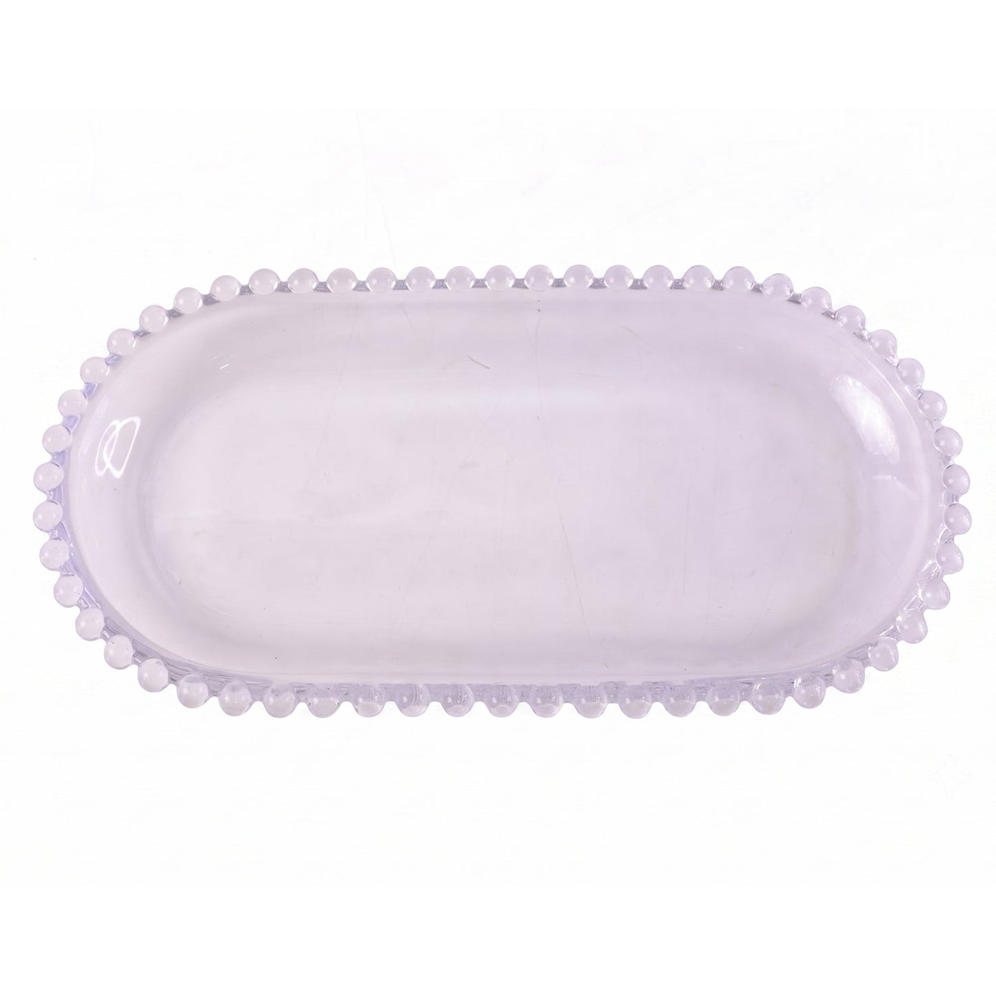 Wukusy 9-inch oval transparent glass serving tray with beaded edge, ideal for snacks and appetizers.