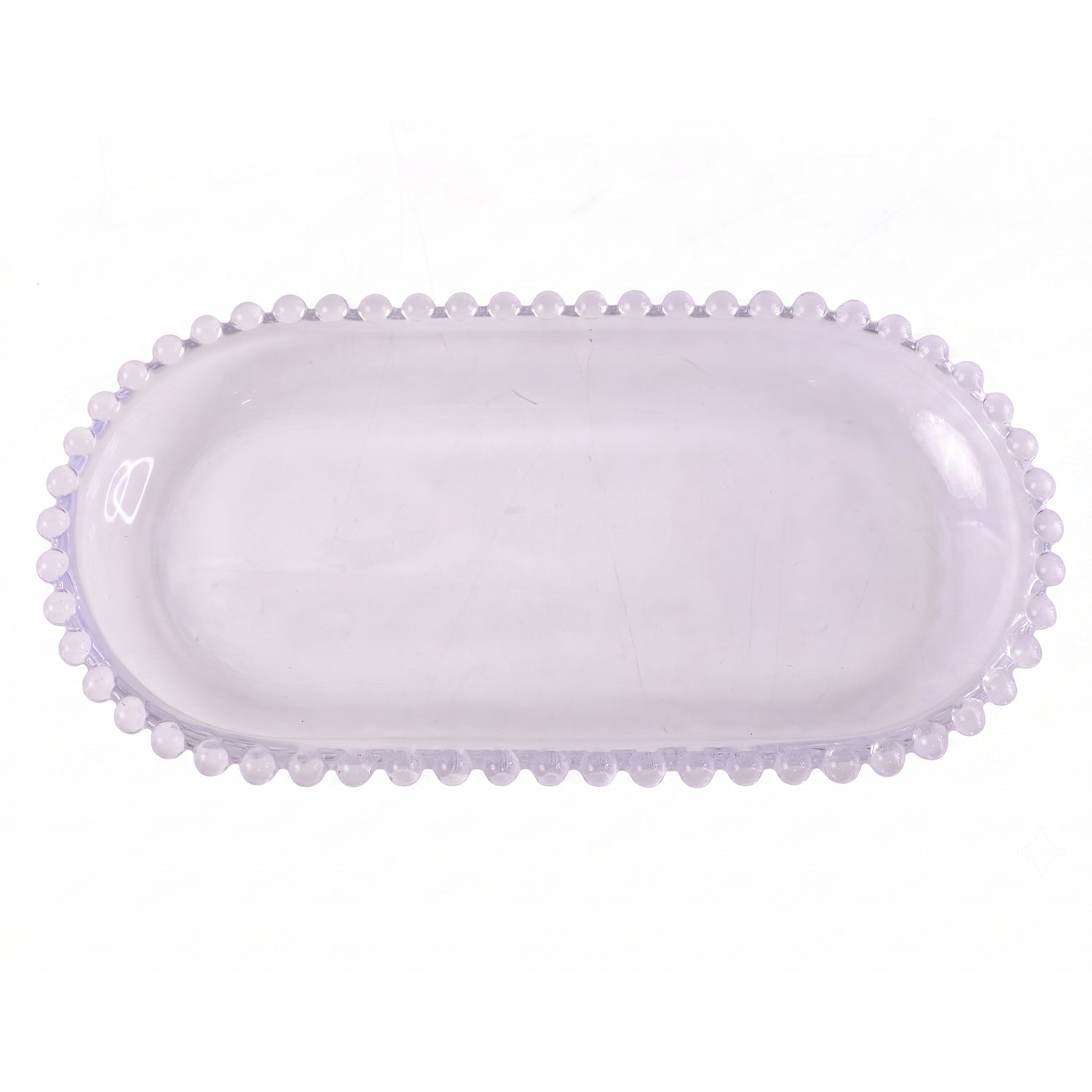 Wukusy 9-inch oval transparent glass serving tray with beaded edge, ideal for snacks and appetizers.