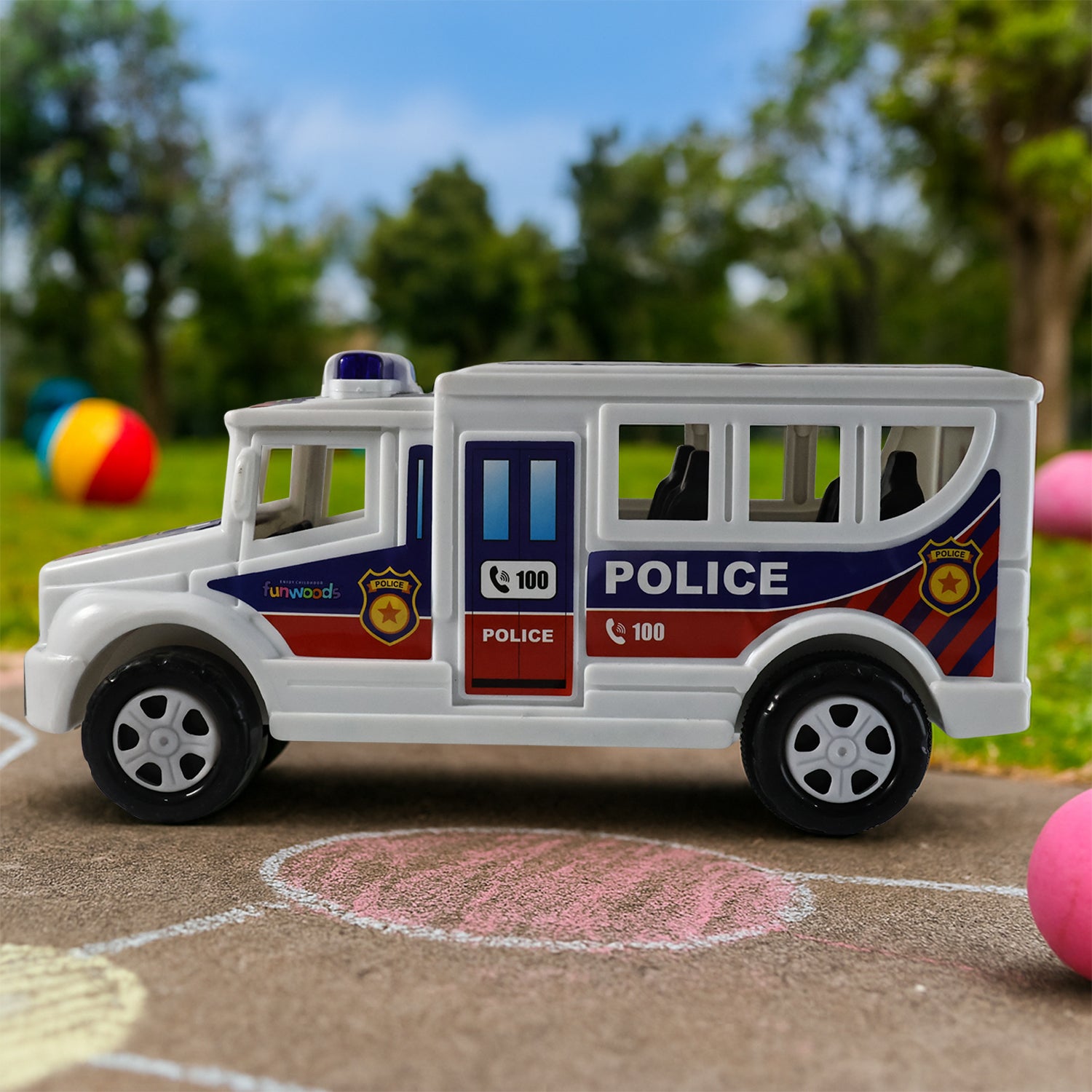 Wukusy Funwoods police van toy, a detailed miniature police vehicle for kids, featuring bold police graphics and vibrant colors.