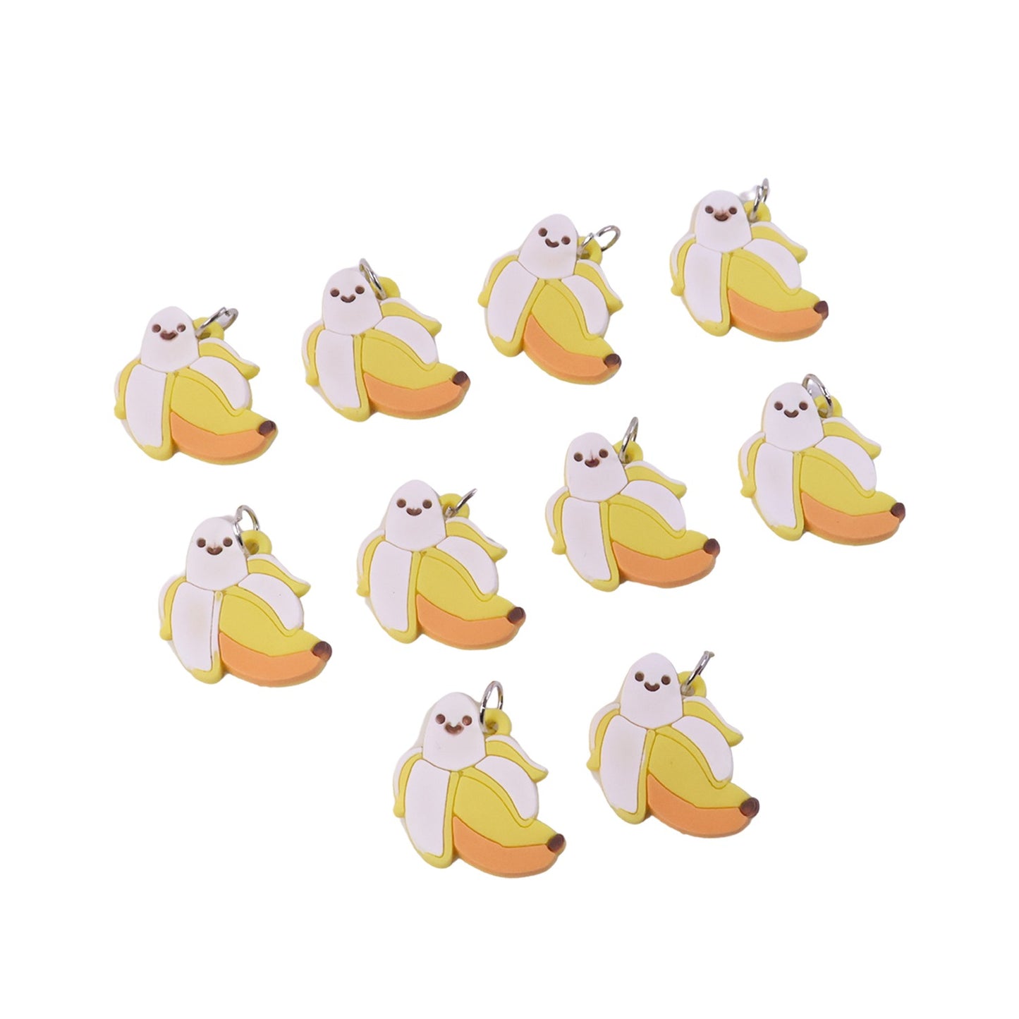 Set of 10 cute cartoon banana bag charm keychains by Wukusy, featuring colorful, playful banana designs for accessories.