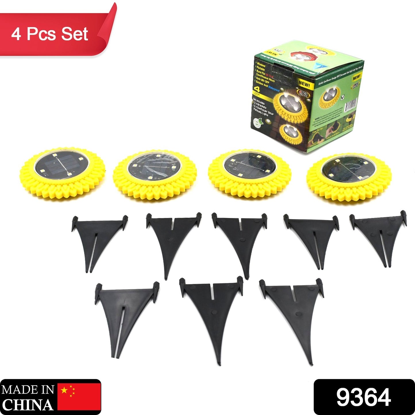 Wukusy 4-pack solar garden ground lights with LED disks, waterproof outdoor landscape lighting for yard, deck, lawn, and pathway.