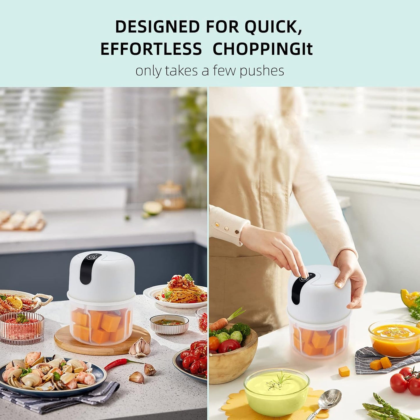 Wukusy wireless rechargeable mini electric garlic chopper with 3 blades, 250ml capacity, for home and kitchen use.