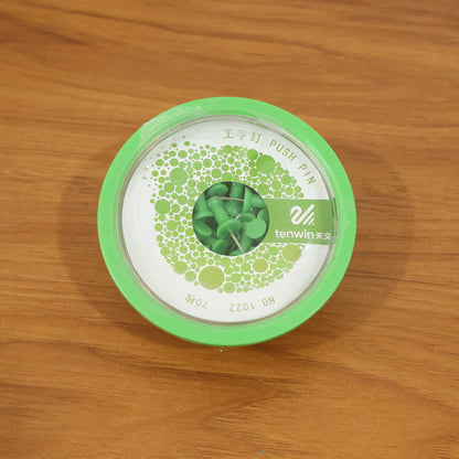 Set of 70 heavy-duty plastic head push pins by Wukusy, displayed in a compact container with various colored pins.