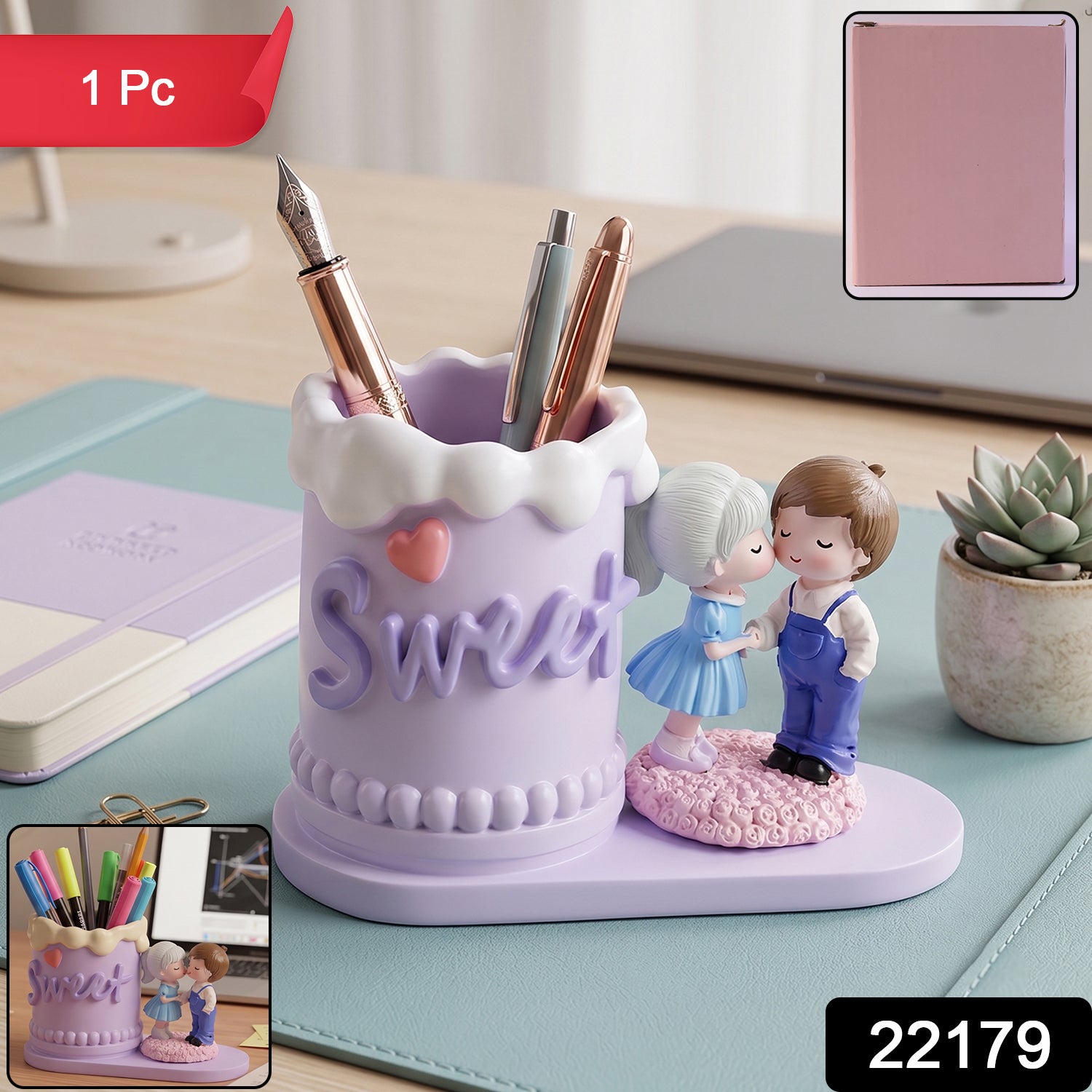 Cute resin couple pen holder stand with space for pencils, desk organizer by Wukusy, featuring a sweet couple design and vibrant colors.