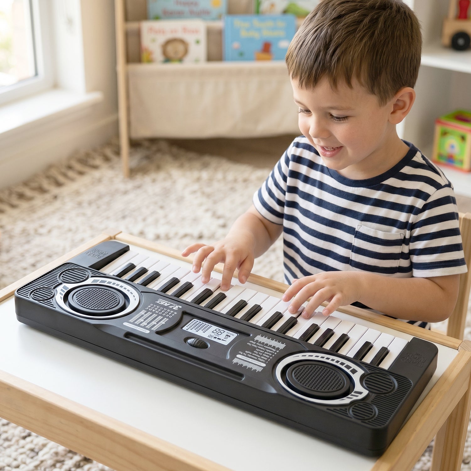 Wukusy electronic musical keyboard toy for kids with colorful buttons and multiple sound options, designed as a mini piano for children