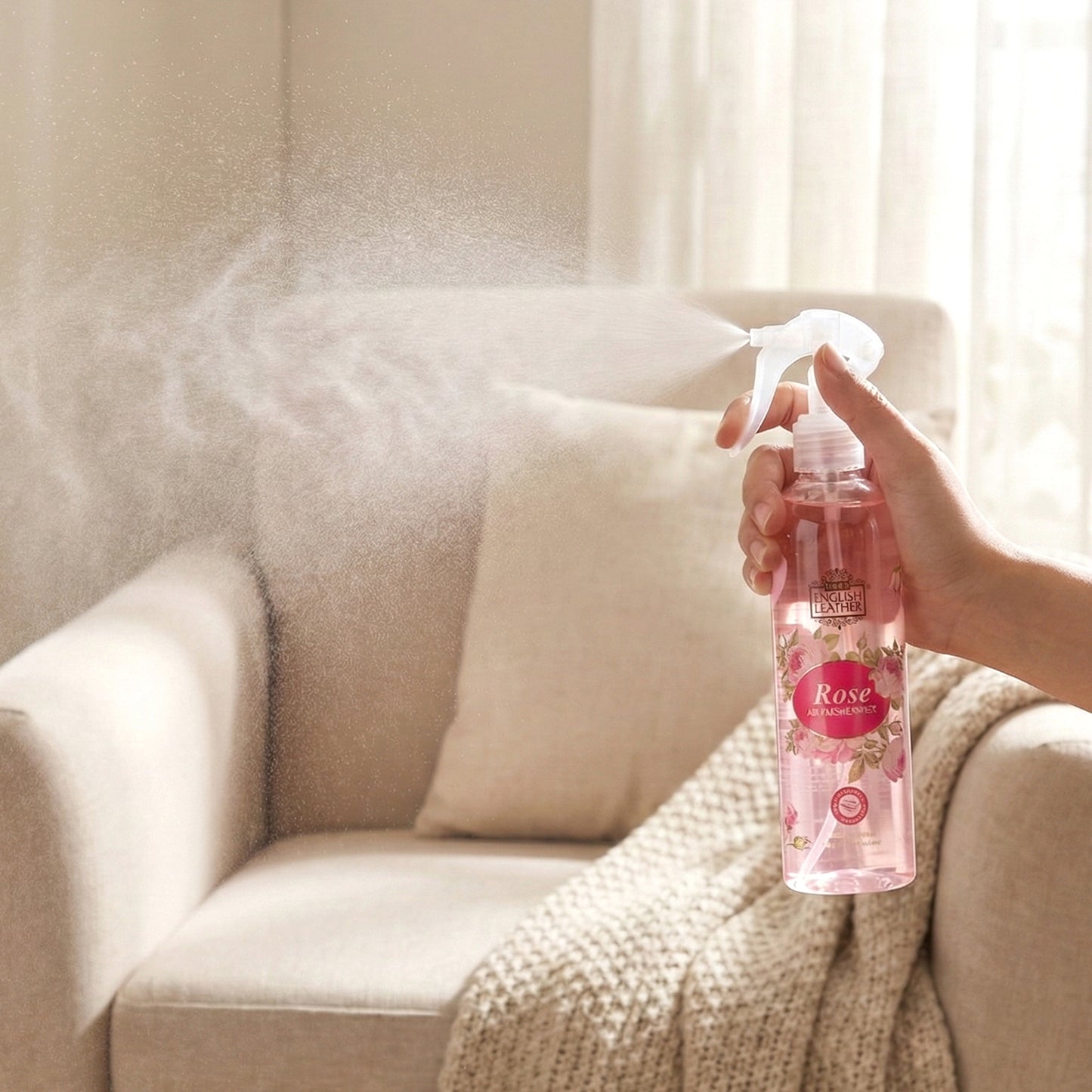 Wukusy Rose Fragrance Air Freshener Spray for home use, 250 ml, featuring a floral rose scent in a sleek spray bottle