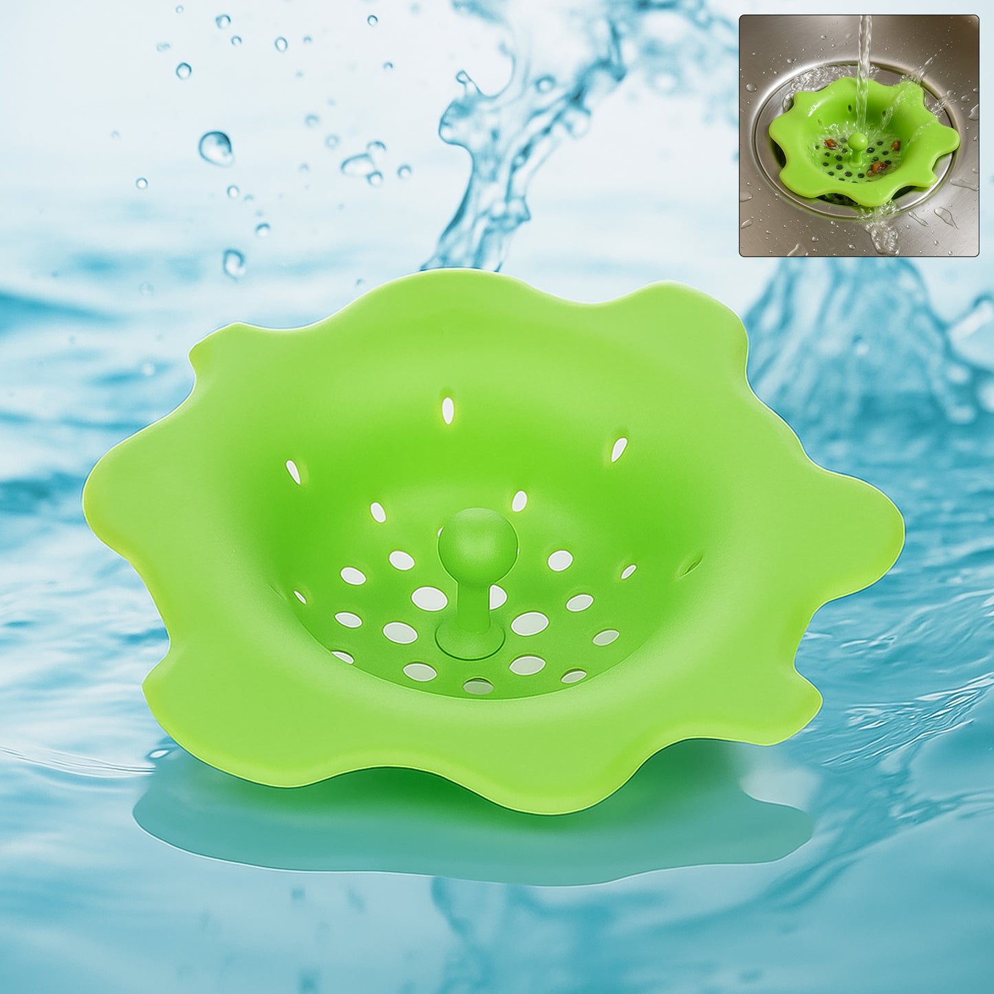 Flexible silicone sink strainer by Wukusy with drain hair catcher designed to fit standard kitchen and bathroom sinks.