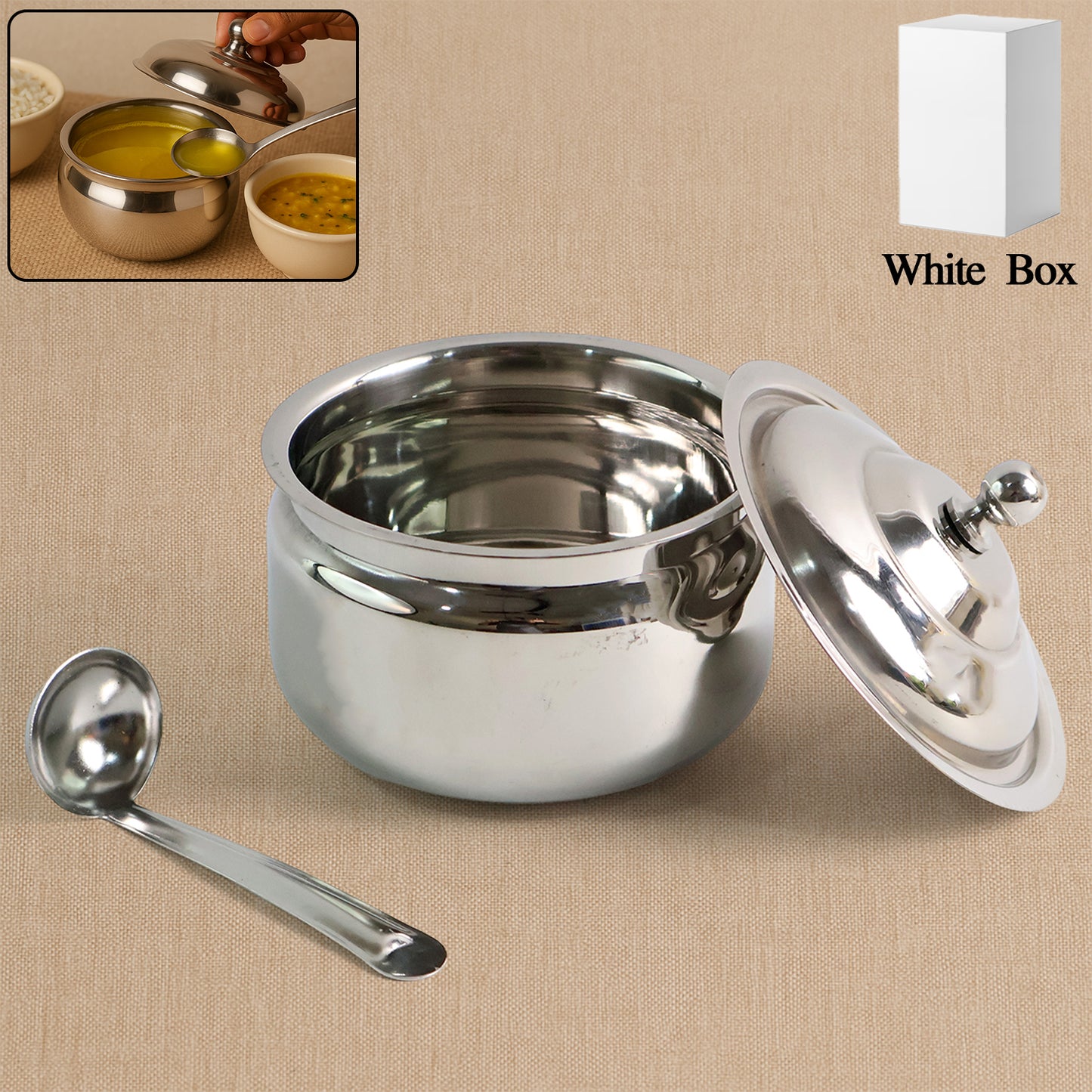 Stainless steel ghee pot from Wukusy with a lid, suitable for home kitchen use, featuring a shiny, polished finish.