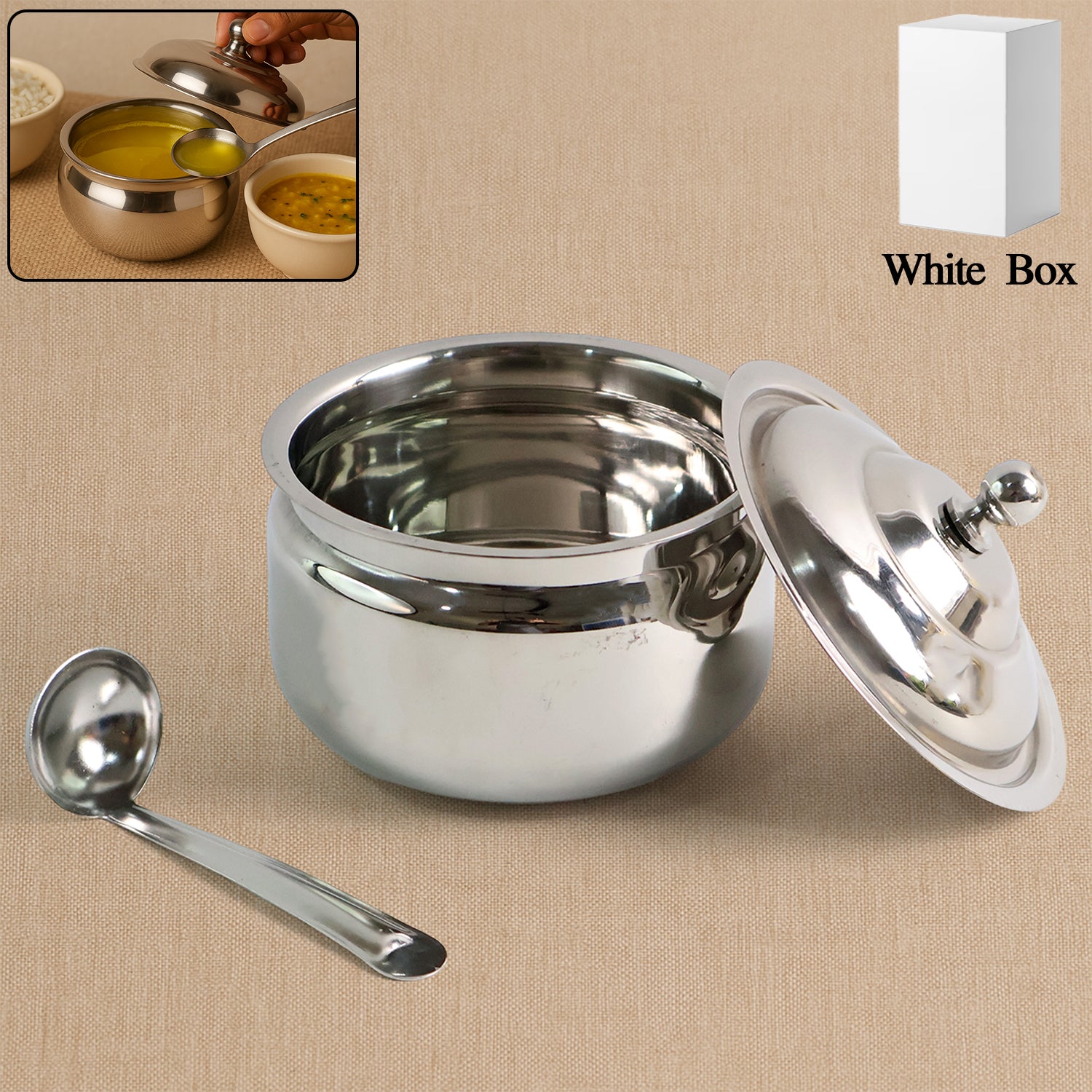 Stainless steel ghee pot from Wukusy with a lid, suitable for home kitchen use, featuring a shiny, polished finish.