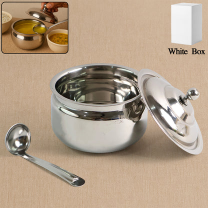 Stainless steel ghee pot from Wukusy with a lid, suitable for home kitchen use, featuring a shiny, polished finish.