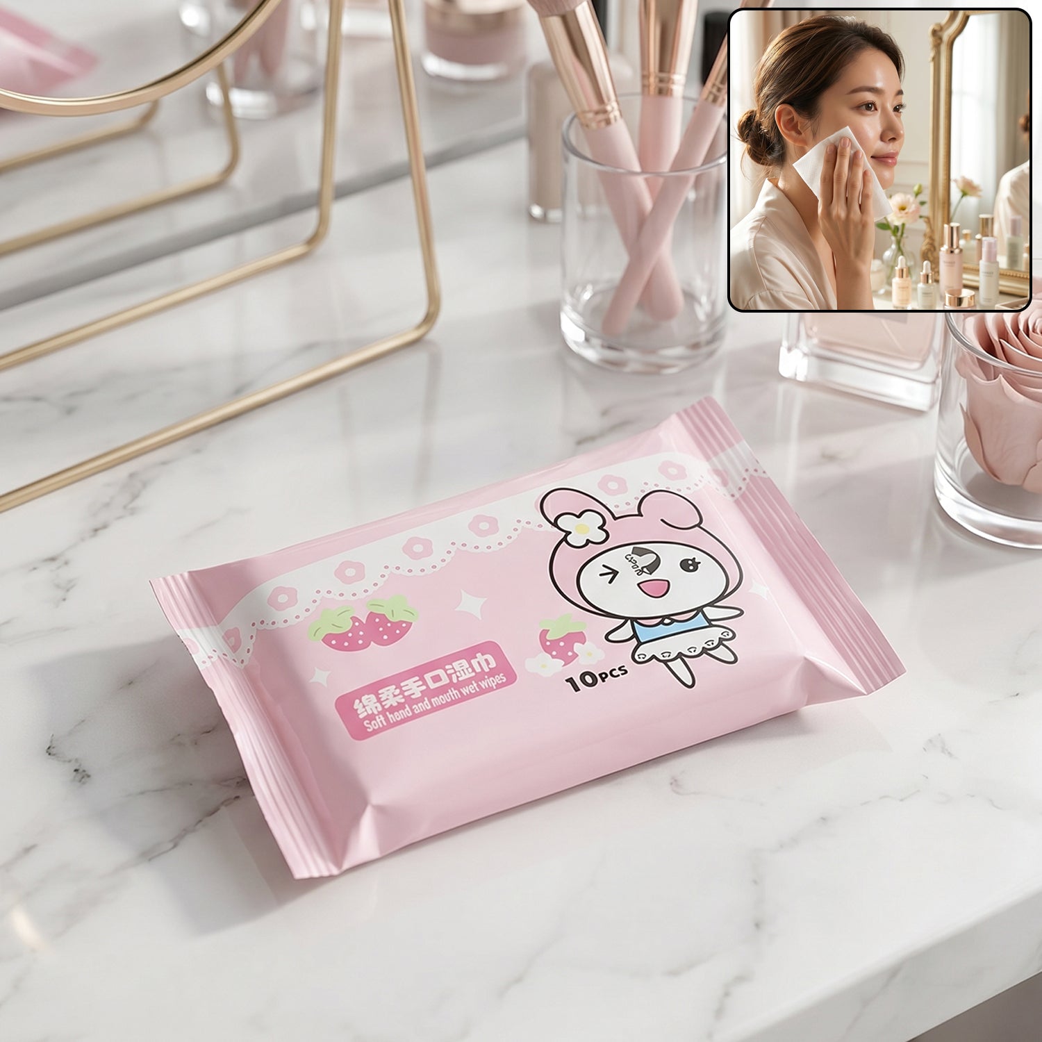 Cartoon printed soft wet wipes pack by Wukusy, 10-piece portable pack with colorful cartoon designs on each wipe.
