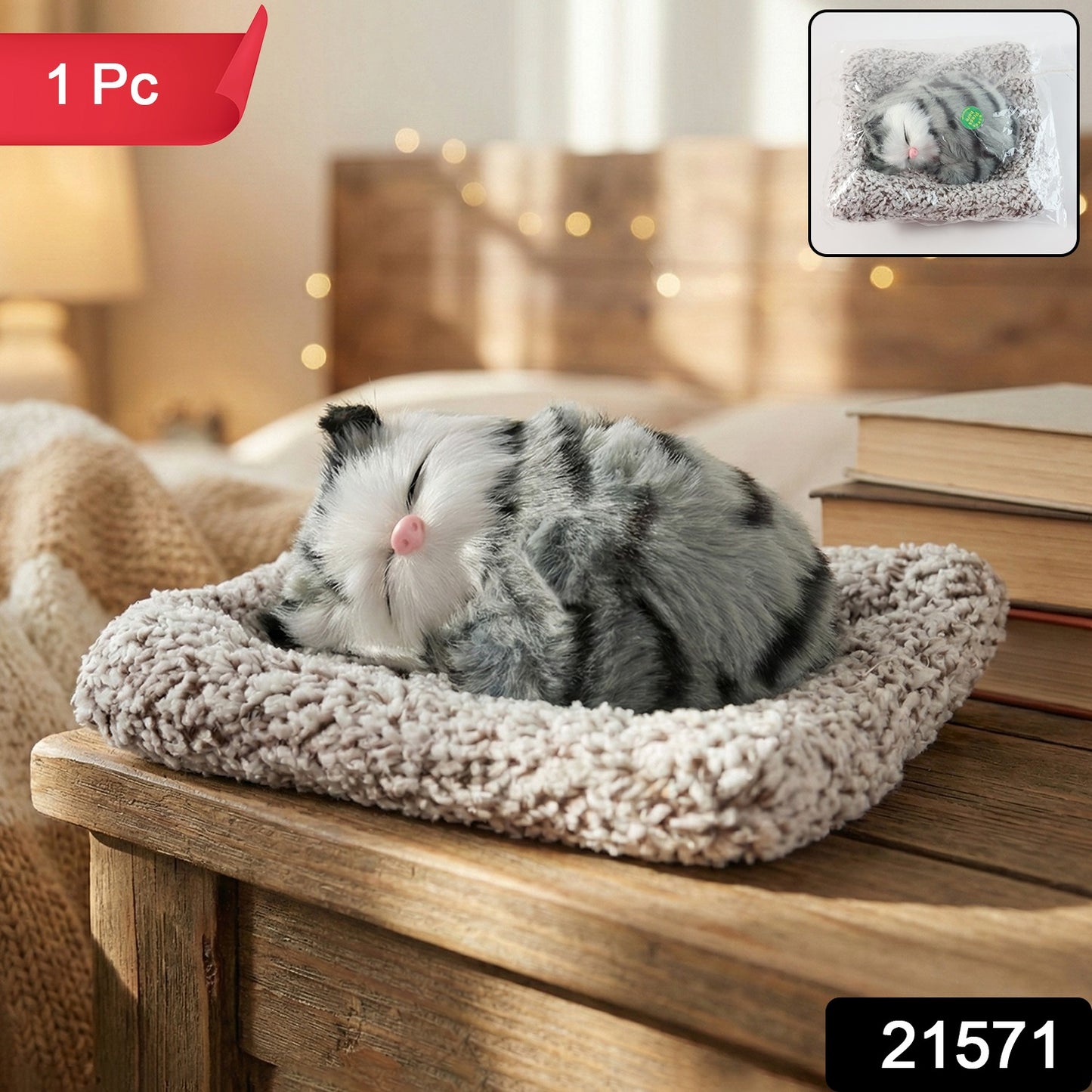 Wukusy soft plush closed-eye cat dashboard toy sitting on a car dashboard, cute and cozy decorative pet accessory.
