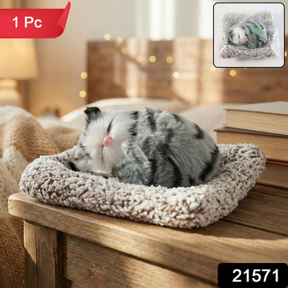 Wukusy soft plush closed-eye cat dashboard toy sitting on a car dashboard, cute and cozy decorative pet accessory.