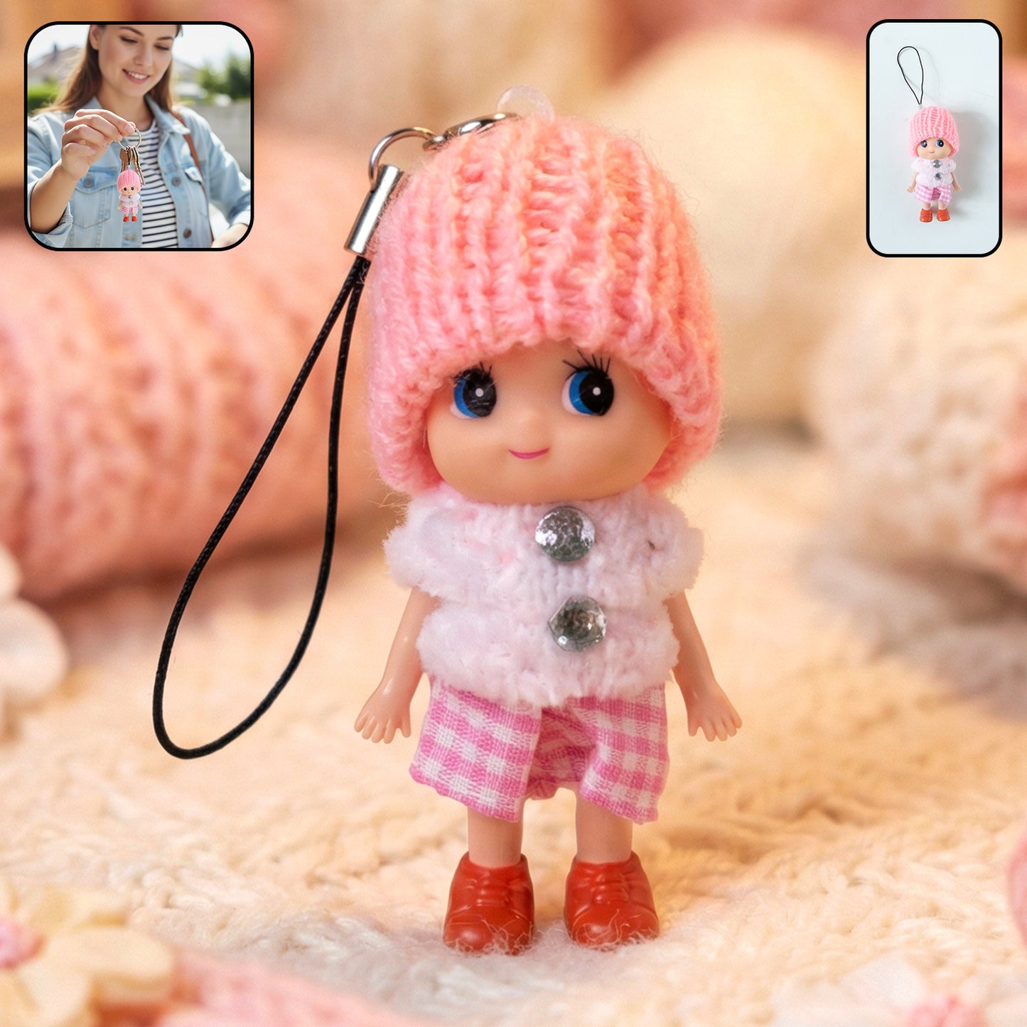 Cute mini doll keychain by Wukusy featuring a soft knitted girl charm with a mix of colorful caps on a keyring.