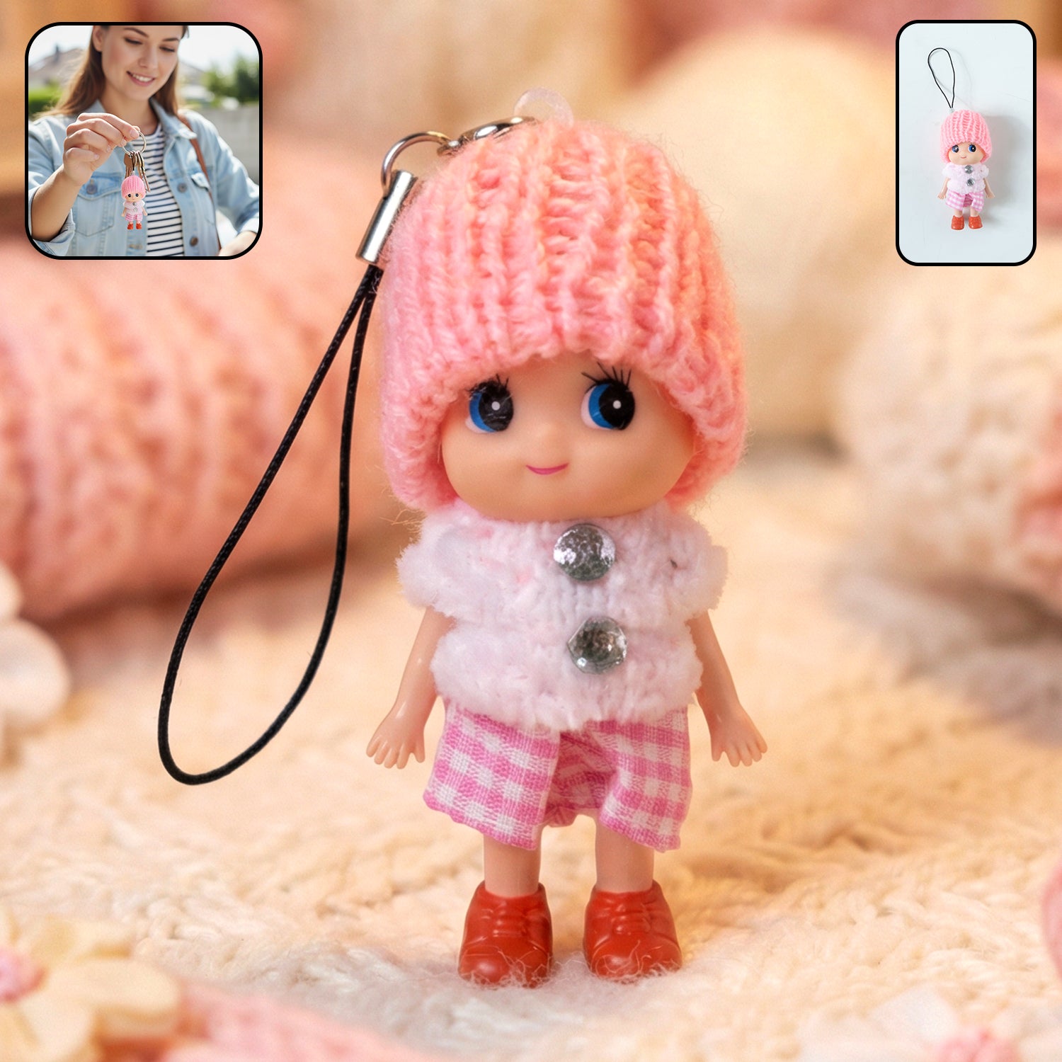 Cute mini doll keychain by Wukusy featuring a soft knitted girl charm with a mix of colorful caps on a keyring.