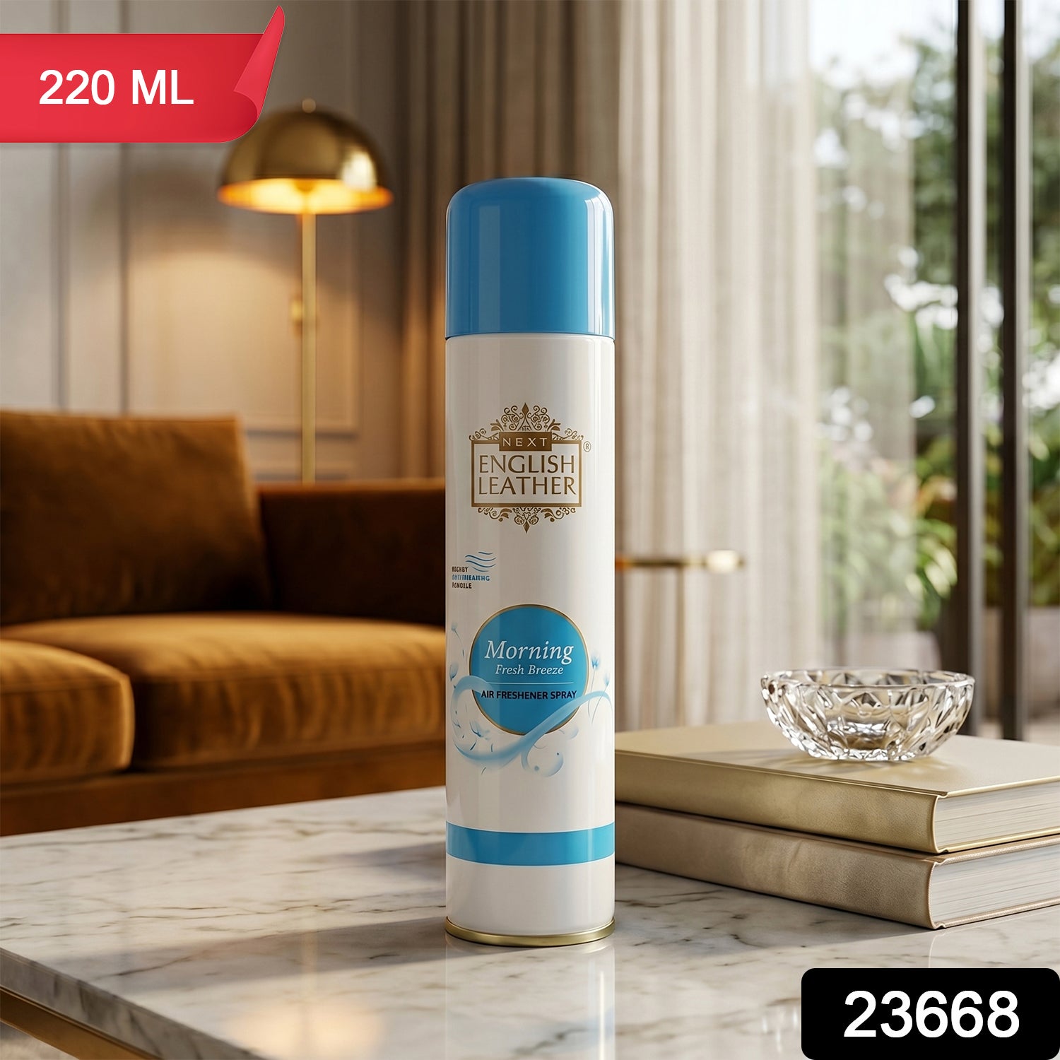 Wukusy Next English Leather Morning Fresh Breeze room air freshener spray 220ml, bottle with spray nozzle and fresh scent label