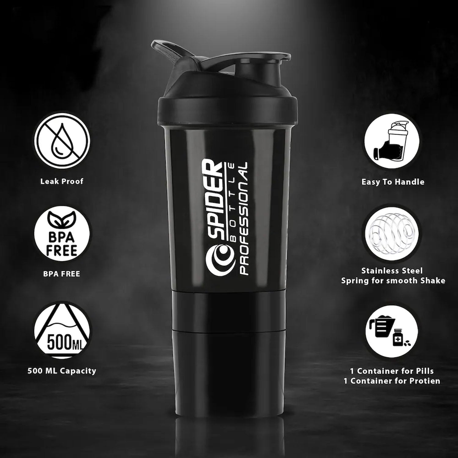 Wukusy 500ml multipurpose protein shaker bottle with leak-proof lid and mixing grid for smoothies and supplements