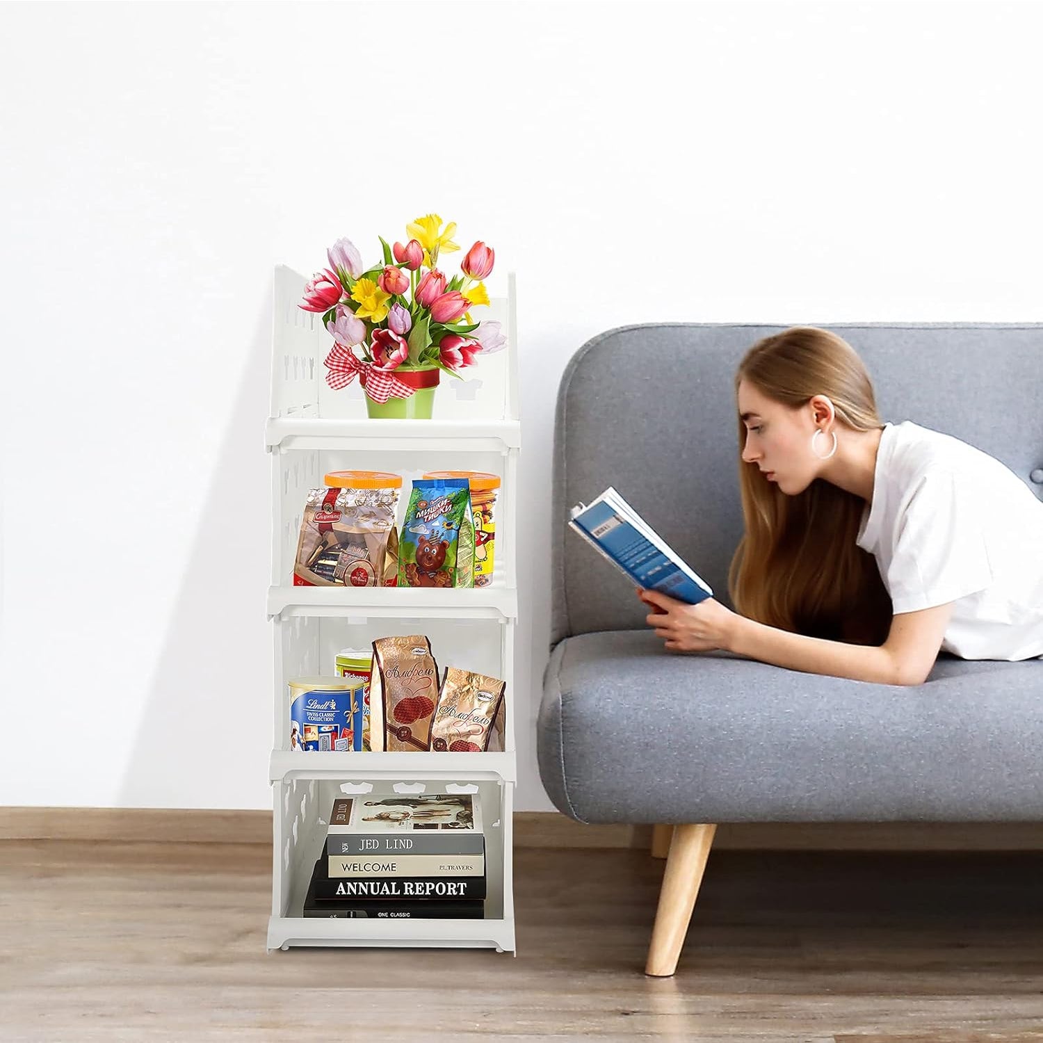 Wukusy 4-layer stackable storage cart with foldable drawers for clothes, kitchen, pantry, closet, and bathroom organization.