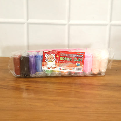 Kids Wukusy 12-color antibacterial super clay set for creative play, showing vibrant clay pieces in a colorful set.