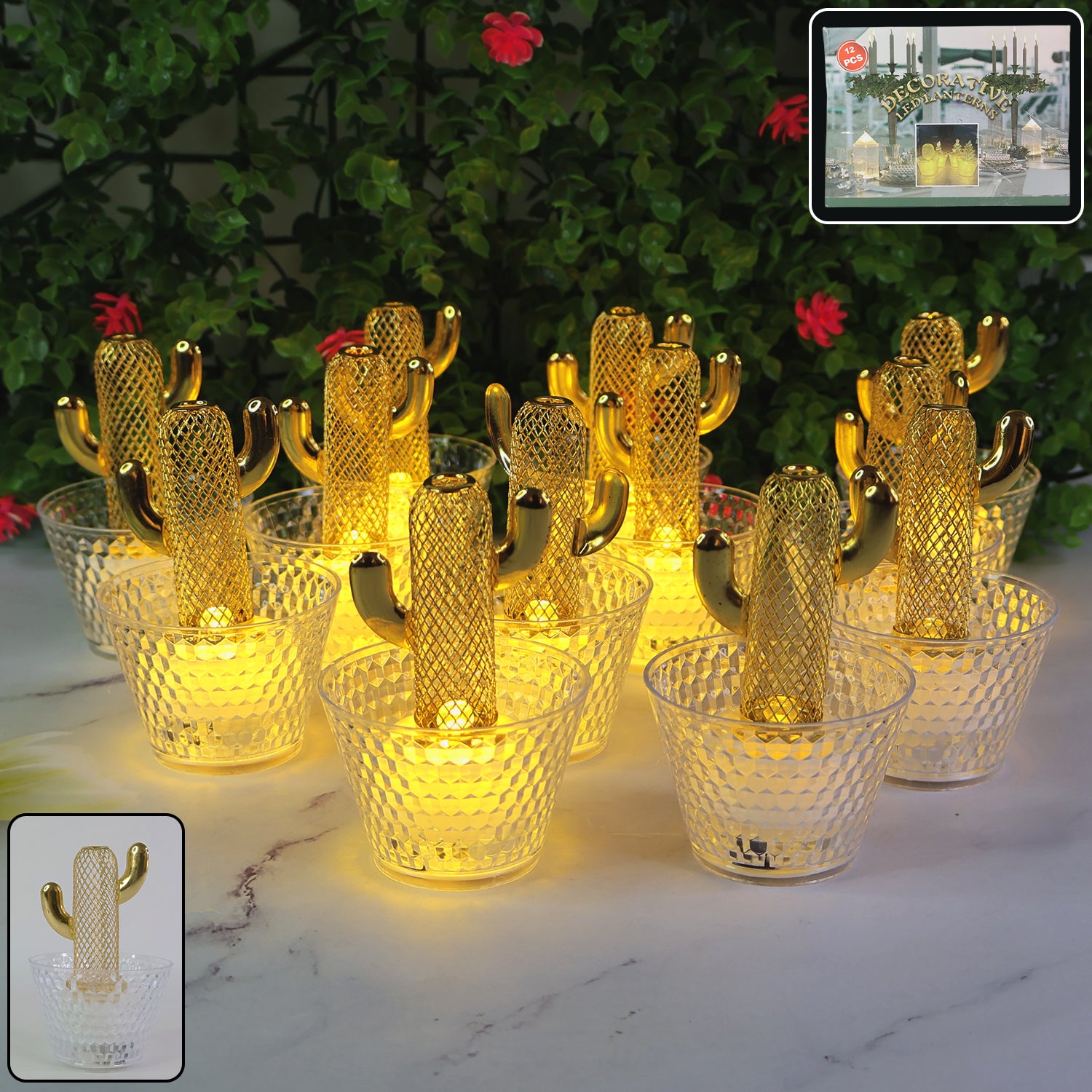 Set of 12 decorative cactus-shaped LED tealight candles for home decor by Wukusy, featuring warm ambient lighting.