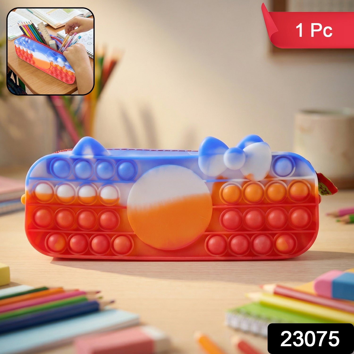 Wukusy multifunction Pop It pencil pouch showing colorful silicone buttons and zipper closure on a white background.