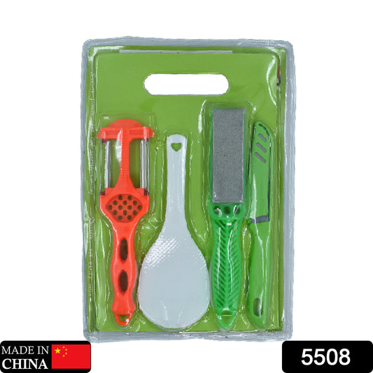 Wukusy plastic chopping board with knife, scissors, and wine-stainless steel kitchen tools for cutting vegetables and food prep.