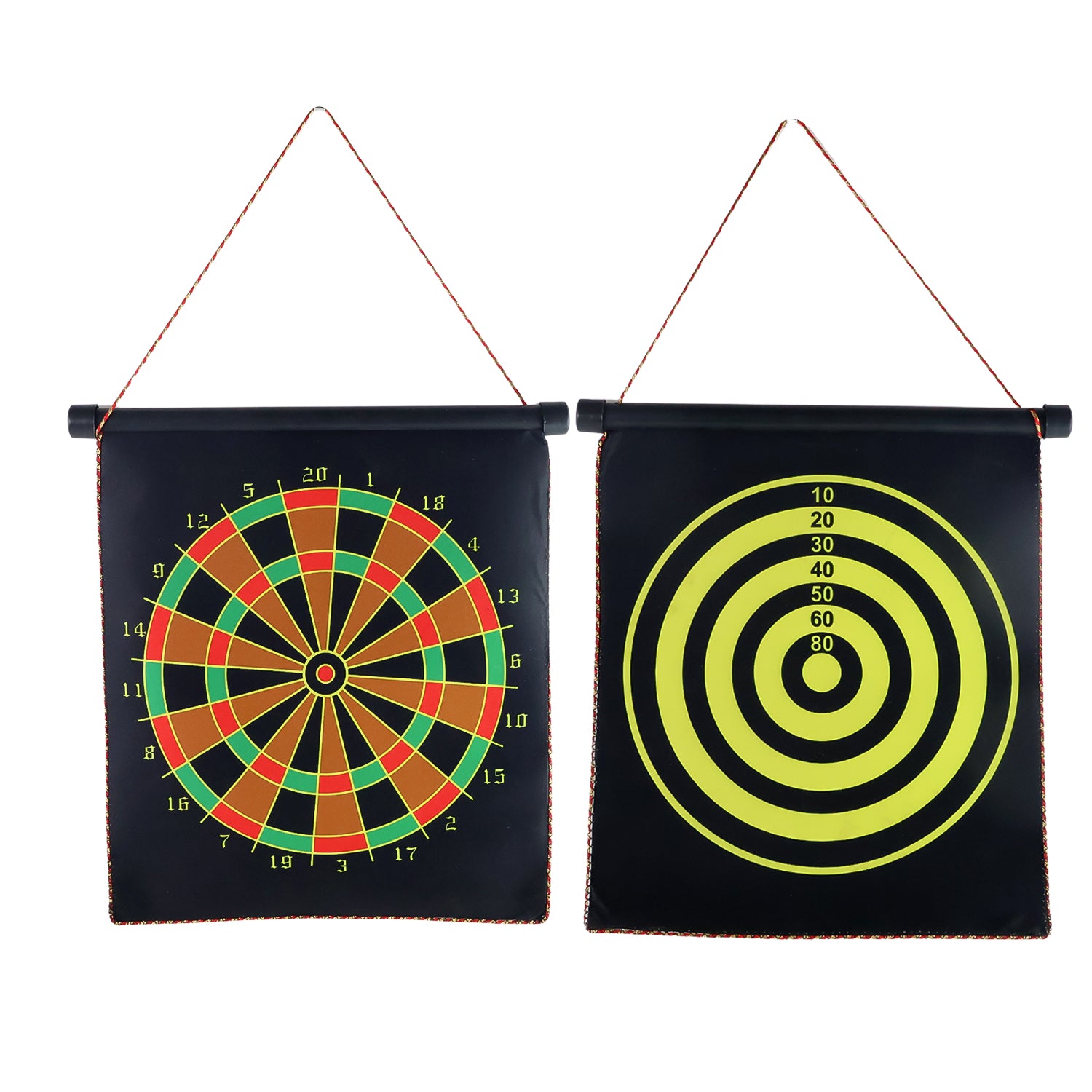 Wukusy 12-inch magnetic roll-up dartboard game with colorful darts on a smooth surface, ideal for indoor fun and skill practice.