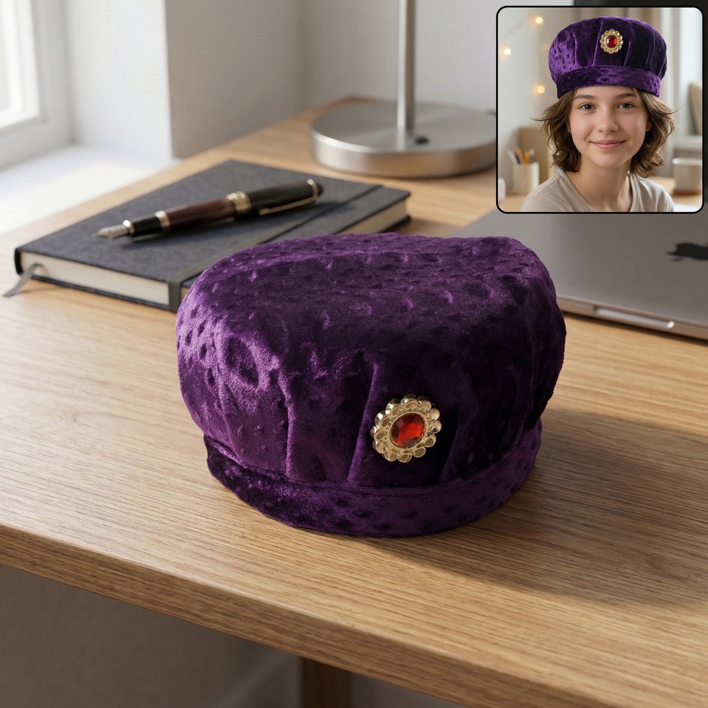 Soft velvet cap in traditional style by Wukusy, shown in a close-up image highlighting its smooth fabric and classic design.