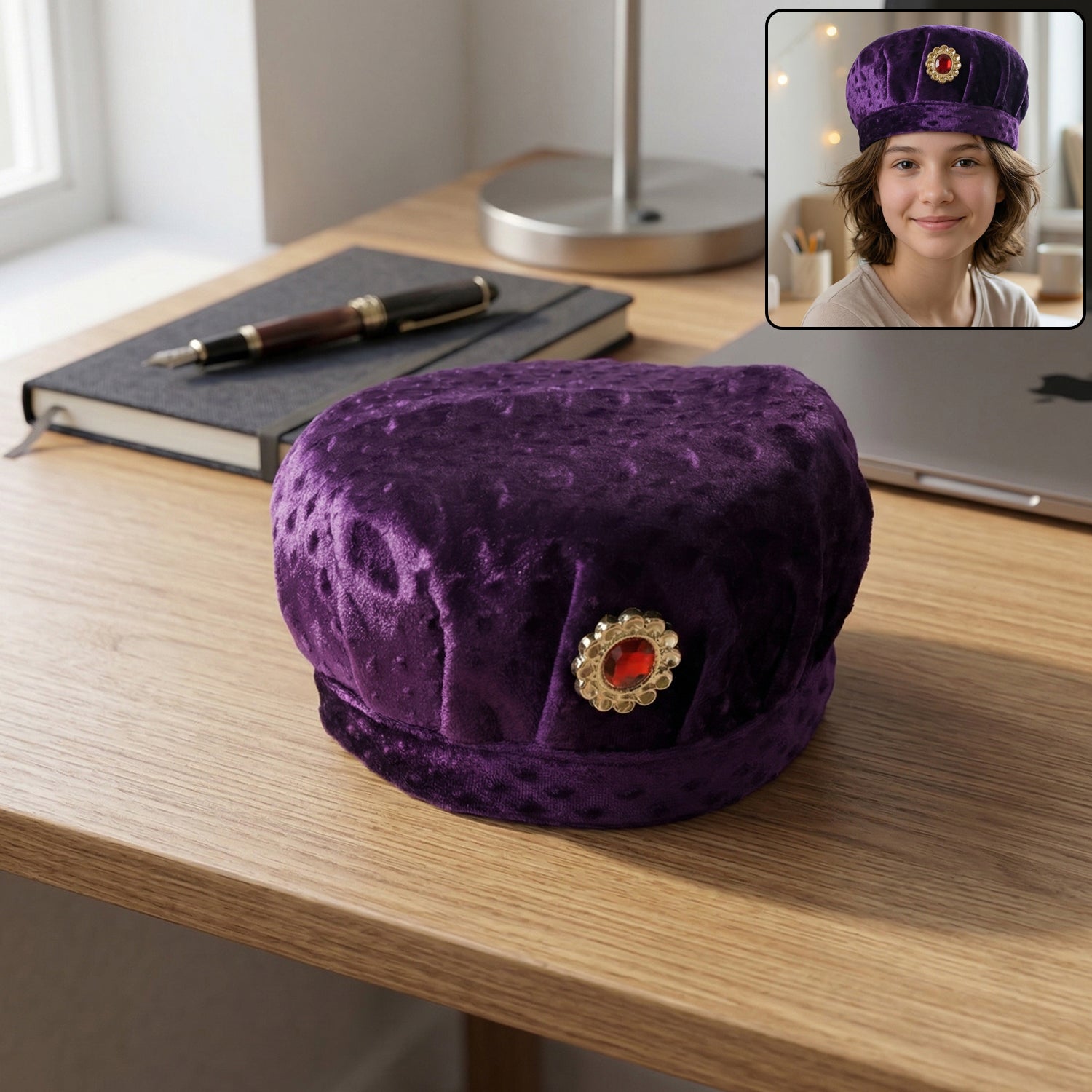 Soft velvet cap in traditional style by Wukusy, shown in a close-up image highlighting its smooth fabric and classic design.