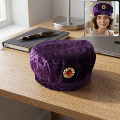 Soft velvet cap in traditional style by Wukusy, shown in a close-up image highlighting its smooth fabric and classic design.