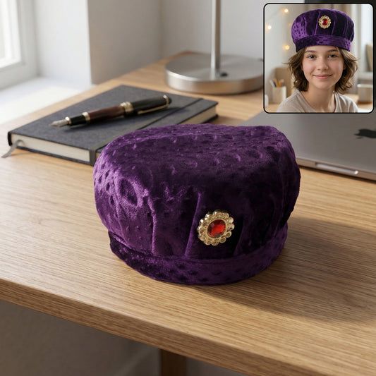 Soft velvet cap in traditional style by Wukusy, shown in a close-up image highlighting its smooth fabric and classic design.