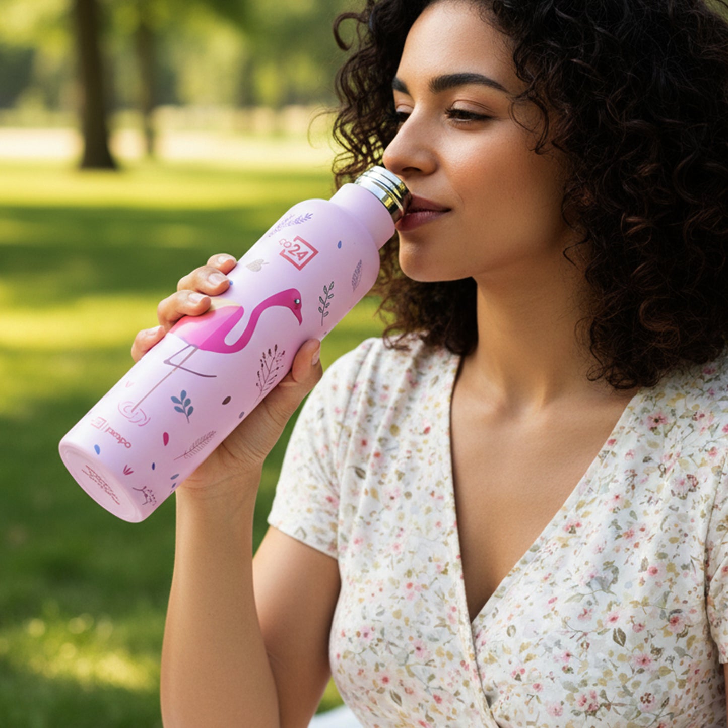 Wukusy Pexpo Oslo art printed insulated stainless steel water bottle, 750ml, with colorful design and screw-on lid.