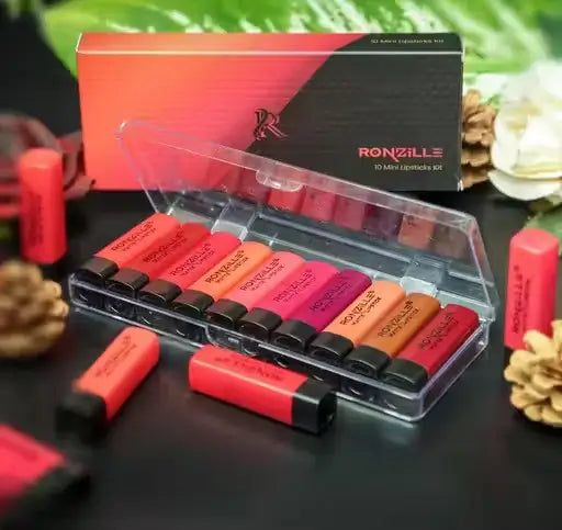 Set of 10 Ekom Pocket Matte Lipstick mini tubes in various shades, displayed in a compact, portable all-beauty lipstick collection.