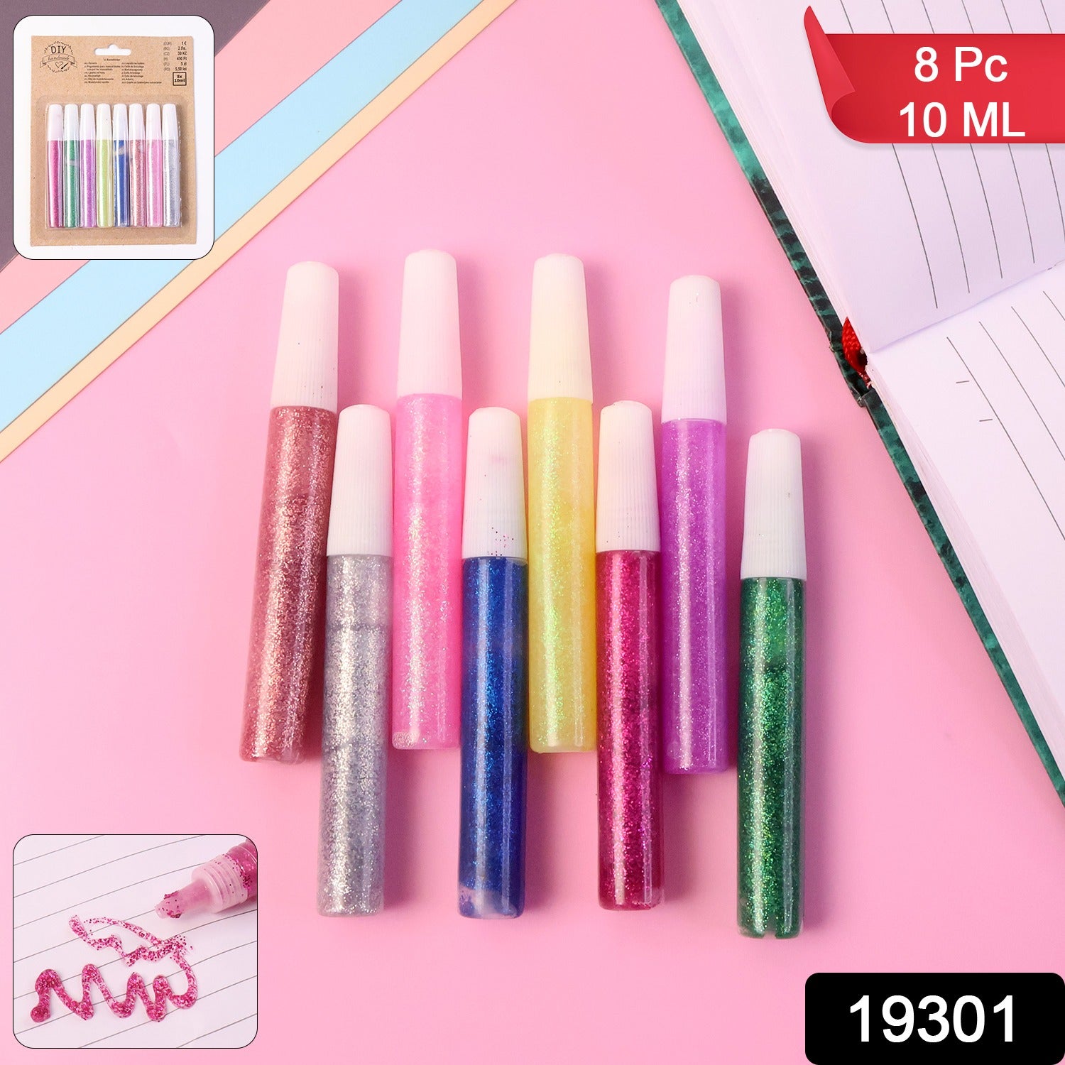 Wukusy DIY multicolor glitter craft glue pens set with 8 colorful 10ml glue pens for arts and office projects.