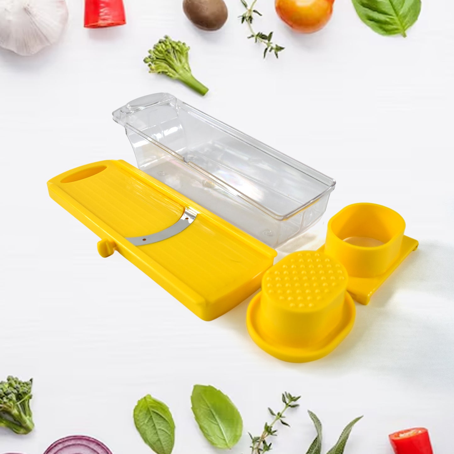 Yellow Wukusy vegetable and fruit slicer with multiple blades for efficient chopping and slicing of produce.