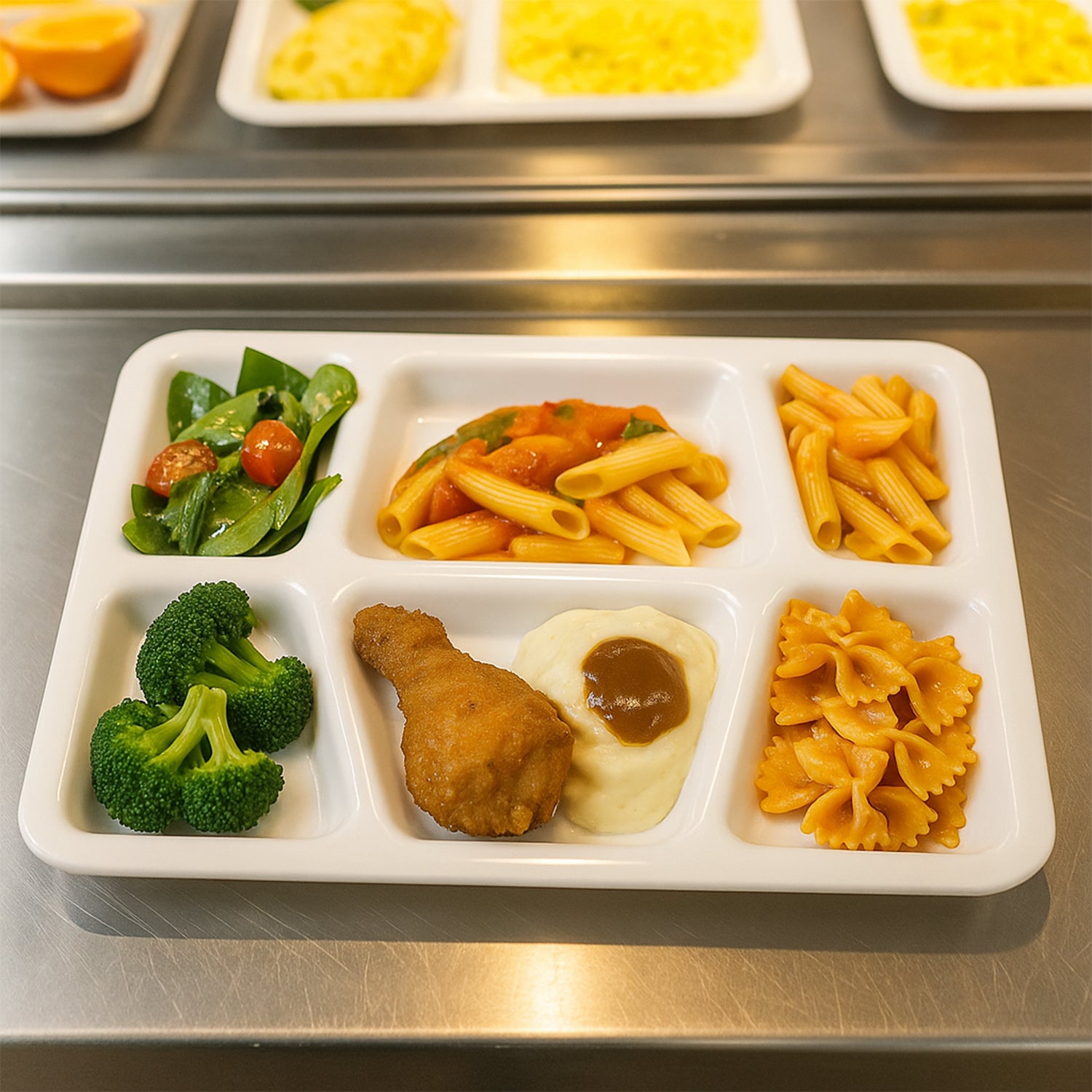 White plastic multi-compartment rectangular meal serving tray with multiple sections for food, by Wukusy.