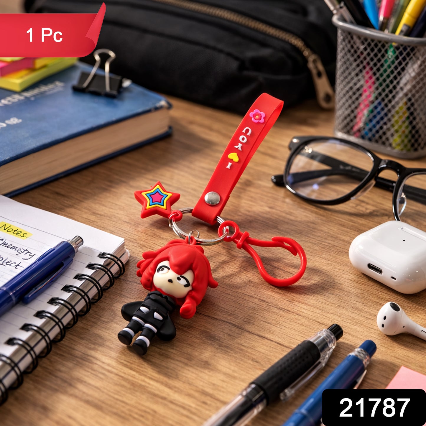 Wukusy cute cartoon girl character keychain with strap and decorative charm hanging from a keyring, colorful and detailed design.