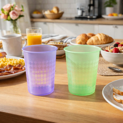 Reusable plastic drinking glass in mixed colors, 200 ml capacity, by Wukusy, shown with a clear view of its vibrant design.
