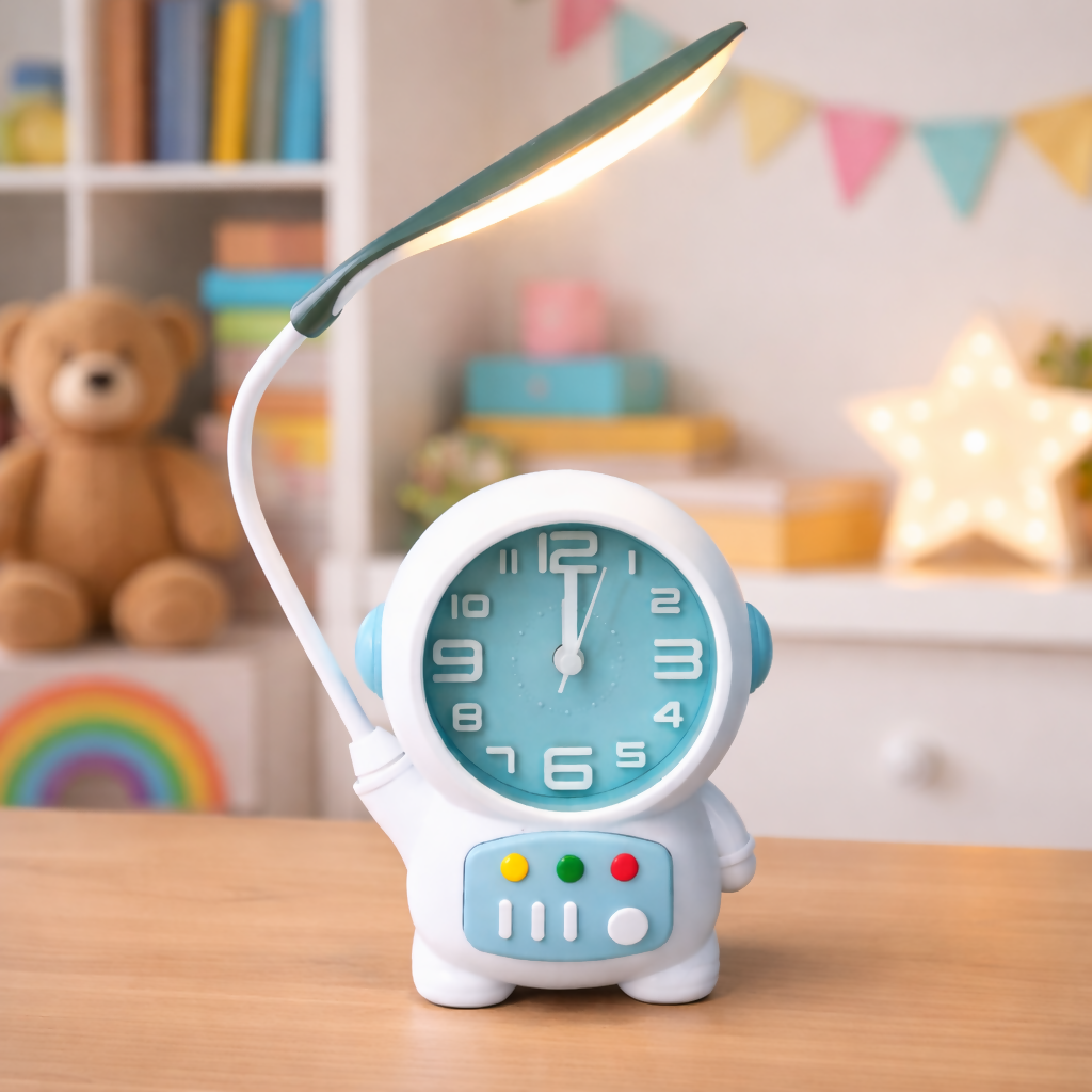 Wukusy astronaut table lamp with built-in clock, ideal for kids' study desks and bedrooms, featuring a playful space-themed design.