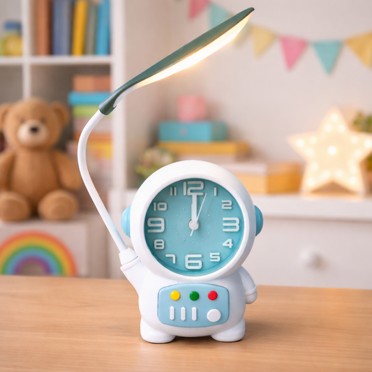 Wukusy astronaut table lamp with built-in clock, ideal for kids' study desks and bedrooms, featuring a playful space-themed design.