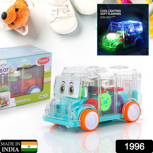 Wukusy 1996 transparent musical mini school bus toy for kids, featuring colorful details and small size for play and display.