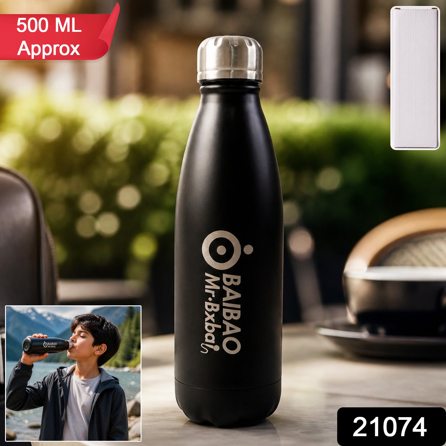 Stainless steel water bottle by Wukusy, 500ml capacity, with a sleek silver finish and a secure screw-on lid.